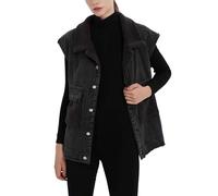 Lingjiazi Womens Loose Sherpa Fleece Lined Denim Vest Casual Sleeveless Button Down Jean Vest Jacket, Black, L