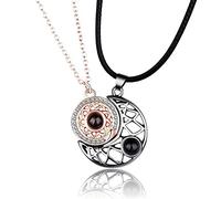 LINGJIONG Magnetic Necklaces, Sun & Moon 100 Languages I Love You Projection Couples Necklace, Matching Necklace For Couples Moon And Sun, Magnetic Heart Necklace, Best Friend Necklaces For 2