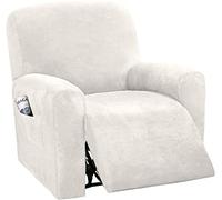 LINGKY 4-Pieces Recliner Chair Covers Velvet Stretch Armchair Covers With Side Pocket Thick Soft Washable Recliner Sofa Covers 1 Seater Replacement Furniture Protector (Armchair, Ivory)