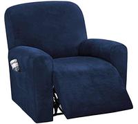 LINGKY 4-Pieces Recliner Chair Covers Velvet Stretch Armchair Covers With Side Pocket Thick Soft Washable Recliner Sofa Covers 1 Seater Replacement Furniture Protector (Armchair, Navy)