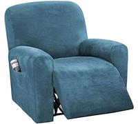 LINGKY 4-Pieces Recliner Chair Covers Velvet Stretch Armchair Covers With Side Pocket Washable Recliner Sofa Covers 1 Seater Replacement Furniture Protector (Armchair, Peacock Blue)