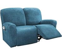LINGKY 6-Pieces Recliner Sofa Covers Velvet Stretch Armchair Covers With Side Pocket Thick Soft Washable Sofa Covers 2 Seater Replacement Furniture Protector (Loveseat, Peacock Blue)