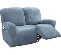 LINGKY 6-Pieces Recliner Sofa Covers Velvet Stretch Armchair Covers With Side Pocket Thick Soft Washable Sofa Covers 2 Seater Replacement Furniture Protector (Loveseat, Stone Blue)