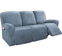 LINGKY 8-Pieces Recliner Sofa Covers Velvet Stretch Armchair Covers With Side Pocket Thick Soft Washable Sofa Covers 3 Seater Replacement Furniture Protector (Sofa, Stone Blue)