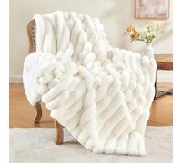 LINGKY Faux Rabbit Fur Luxury Plush Throw Blanket - Super Soft Cozy Fuzzy Blanket Faux Fur Blanket Fluffy Blankets Warm Bed Throws for Couch Bed Sofa, Striped White, 130x160cm
