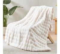LINGKY Faux Rabbit Fur Throw Blanket, Reversible Fuzzy Warm Cozy Large Fluffy Blanket for Bed Sofa Couch Home Decor, 160x200cm, Cream White
