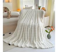 LINGKY Fleece Throw Blanket White Bubble Faux Fur Fluffy Bed Blanket Super Cosy Warm Large Blanket for Bed Sofa Couch Home Decor, 100x160cm