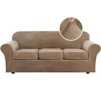 LINGKY Velvet Sofa Cover 3 Seater With 3 Separate Sofa Seat Cushion Covers, Stretch Couch Cover Non-Slip Sofa Slipcovers for Living Room Furniture Protector (Camel,3 Seater)