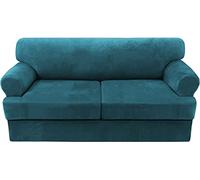 LINGKY Velvet Sofa Covers with Separate T Cushion Covers Ultra Soft Plush Sofa Slipcover No-Pilling Washable Furniture Protector with Elastic Bottom (Deep Teal,2 Cushion Loveseat)