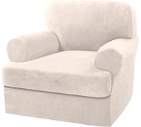 LINGKY Velvet Sofa Covers with Separate T Cushion Covers Ultra Soft Plush Sofa Slipcover No-Pilling Washable Furniture Protector with Elastic Bottom (Ivory,1 Cushion Armchair)
