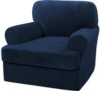 LINGKY Velvet Sofa Covers with Separate T Cushion Covers Ultra Soft Plush Sofa Slipcover No-Pilling Washable Furniture Protector with Elastic Bottom (Navy,1 Cushion Armchair)