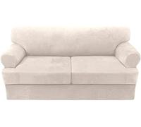 LINGKY Velvet Sofa Covers with Separate T Cushion Covers Ultra Soft Plush Sofa Slipcover No-Pilling Washable Furniture Protector with Elastic Bottom (Ivory,2 Cushion Loveseat)