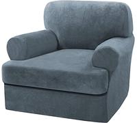 LINGKY Velvet Sofa Covers with Separate T Cushion Covers Ultra Soft Plush Sofa Slipcover No-Pilling Washable Furniture Protector with Elastic Bottom (Stone Blue,1 Cushion Armchair)