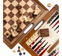 Lingle 15.5'' Deluxe Solid Wood 3-in-1 Game Set: Portable Chess, Backgammon, and Checkers with Hollow Handle Box, Folding Board for Travel, Suitable for Adults and Kids