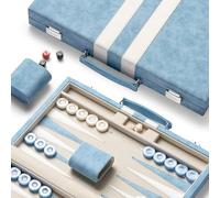 Lingle 15inch Backgammon Sets for Adults, Classic Board Game with Folding Leather Backgammon Case, Faux Leather Exterior and Velvet Interior, Portable Travel Game Set (Light Blue)