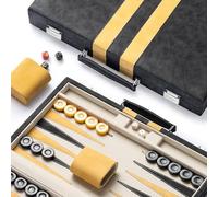 Lingle 15inch Backgammon Sets for Adults, Classic Board Game with Folding Leather Backgammon Case, Faux Leather Exterior and Velvet Interior, Portable Travel Game Set (Black)