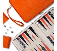 Lingle 9.4" Backgammon Sets for Adults, Classic Board Game with Folding Faux Leather Backgammon Case, Portable Travel Backgammon Game Set (Orange)