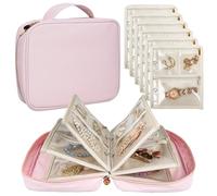 LingLingo Travel Jewelry Organizer Case,Small Jewelry Bags Jewelry Storage Book Binder with Clear Zipper Velvet Pouch for Traveling,Earrings, Rings, Necklace, Bracelet (Pink)