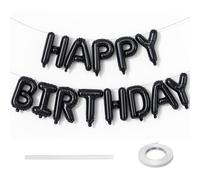 Lingqiang 16 Inch Happy Birthday Banner Balloon, Black Self Inflating Bunting Foil Balloons with Ribbon, Reusable Letter for Men Women Party Decor Supplies