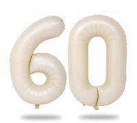 Lingqiang 60th Birthday Balloons Cream for Women, 40 Inch Giant Beige Foil Number 60 Self Inflating, Ivory White Sand Digit 6 & 0 Helium Men Anniversary Party Decorations Supplies