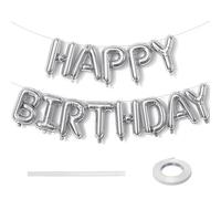 Lingqiang Happy Birthday Balloon Banner Silver, 16 Inch Self Inflating Foil Balloons Bunting with Ribbon, Reusable Letter for Women Men Party Decor