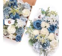 Ling's Moment Artificial Flowers Box, Faux Fake Plants Stems Foam Roses Silk Greenery for Wedding Decor Centerpieces Table Decoration Floral Pick Arrangements, Dusty Blue & Navy & Ivory, Grand Combo