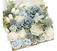Ling's Moment Artificial Flowers Fake Flowers Box, Faux Plants Stems Foam Roses Silk Greenery for Wedding Decor Centerpieces Table Decorations Floral Arrangements, Dusty Blue & White, Grand Combo