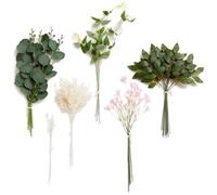Ling's moment Artificial Greenery Stems Box Set, 42pcs with 6 Kinds of Faux Greenery Picks for DIY Bridal Bouquets Wedding Floral Arrangement Table Centerpieces, Green & Pink
