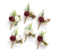 Ling's moment Boutonniere for Men, 6pcs Groom Groomsmen Boutonniere, Artificial Flowers for Wedding Decor/Prom/Homecoming, etc.Burgundy White