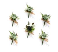 Ling's moment Boutonniere for Men, 6pcs Groom Groomsmen Boutonniere with Built-in Pins, Artificial Flowers for Wedding Decor/Prom/Homecoming, etc.Green Beige