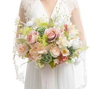 Ling's moment Coral Pink Wedding Bouquets for Bride, Blush Garden Bridal Bouquets for Bride, 11 Inch Free Form Artificial Wedding Flower Bouquet