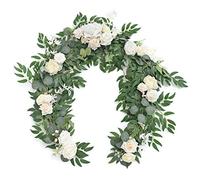 Ling's moment Flower Garland - 6FT Eucalyptus & Rose - Sweetheart Table Decor for Wedding Reception, Artificial Floral Garland for Mantle, Spring Garden Ceremony, Christmas Decoration, Ivory White