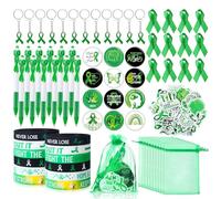 Lingvee 122 Pcs Mental Health Awareness Gifts Bulk Green Awareness Items Includes Mental Health Ribbons Bracelets Stickers Pins Pens Keychain for Charitable Activities Celebration Accessories
