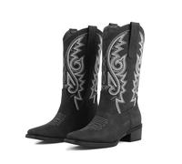 LingxiaUne Women’s Western Cowboy Boots - Intricate White Stitching Mid - Calf Boots with Wooden Heel, Black, 7 UK