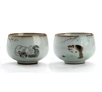 LingXuanGe Master Teacup set of 2 cute cat tenmokus teacup Kungfu Tea Cup chinese tea set Ceramic Handmade Ceremonial Matcha Tea Mug