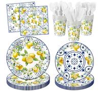 LINHAXM 168PCS Capri Lemon Party Decorations - Amalfi Coast Party Decorations Include Plates, Cups, Napkins, Cutlery for Summer Citrus Fruit Kids Birthday Baby Shower, Serves 24