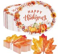 LINHAXM 50 Pcs Thanksgiving Plates and Napkins, Large 9" X 11" Thanksgiving Oval Paper Plates Maple Leaf Napkins for Autumn Dinnerware Harvest Party Decorations