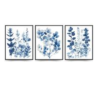 Linilioart 3 Piece Watercolor Wall Painting Blue Botanical Canvas Wall Art, Modern Eucalyptus Leaves Plant Artwork Bedroom Office, Unframed (30x40cm)
