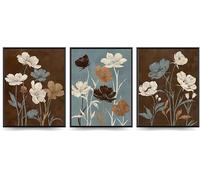 Linilioart 3 Pieces Vintage Brown White and Teal Canvas Wall Art Elegant Abstract Floral Picture for Bedroom Living Room,Unframed (20x25cm)