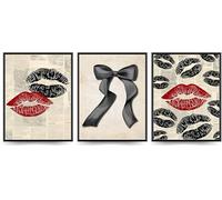 Linilioart 3pcs Black White Newspaper Canvas Wall Art Funky Red Kiss Lip Bow Decor Picture Neutral Preppy Posters for Girl Bedroom,Unframed (30x40cm)