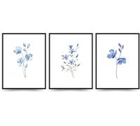 Linilioart Blue Flowers Canvas Wall Art Set of 3 Abstract Wildflower Painting Prints Modern Watercolor Botanical Floral Painting Prints for Bedroom,Unframed (20x25cm)