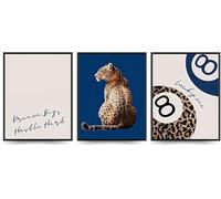 Linilioart Blue Leopard Canvas Wall Art Set of 3 Cheetah Animal Prints Lucky 8 Ball Preppy Aesthetic Painting for Bedroom,Unframed (30x40cm)