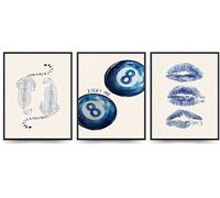 Linilioart Blue Posters Funky Cheetah Wall Art Retro Lucky 8 Ball Poster Set of 3 Trendy Kiss Lips Preppy Print for Bedroom,Unframed (50x75cm)