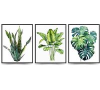 Linilioart Green Leaves Botanic Canvas Wall Art Set of 3 Tropical Artwork Prints Minimalist Plants Modern Still Life Stretched for Living Room, Unframe (40x50cm)