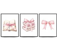 Linilioart Pink Bow Book Wall Art Prints Set of 3 Trendy Preppy Room Decor for Reading Room Bedroom Living Room,Unframed (50x70cm)