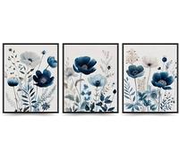 Linilioart Set of 3 Blue Abstract Flower Posters Wall Art Wildflower Canvas Print Lily Daisy Vintage Painting Picture for Bedroom Bathroom Wall, Unframed (20x25cm)