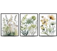 Linilioart Set of 3 Boho Floral Canvas Wall Art, Sage Minimalist Green Poster, Watercolor Flowers Picture for Bedroom Bathroom living Room, Unframed (20x25cm)