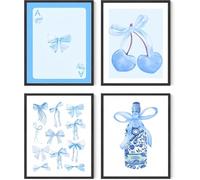 Linilioart Set of 4 Blue Preppy Bows Canvas Wall Art Lucky Girl Posters Girly Aesthetic Room Decor Coquette Pictures for Girls Bedroom Dorm, Unframed (40x50cm)