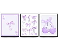 Linilioart Trendy Bow and Cherry Decor Posters Set of 3 Watercolor Light Purple Poker Preppy for Bedroom,Unframed (30x40cm)