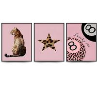 Linilioart Trendy Leopard Canvas Wall Art Set of 3 Pink Cheetah Funky Lucky 8 Ball Posters Animal Pictures for Living Room,Unframed (40x60cm)